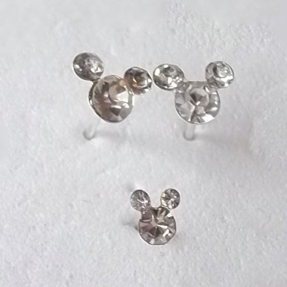*5/35*  New CLEAR Mickey Mouse Head Nose Stud and Matching Stud Earrings